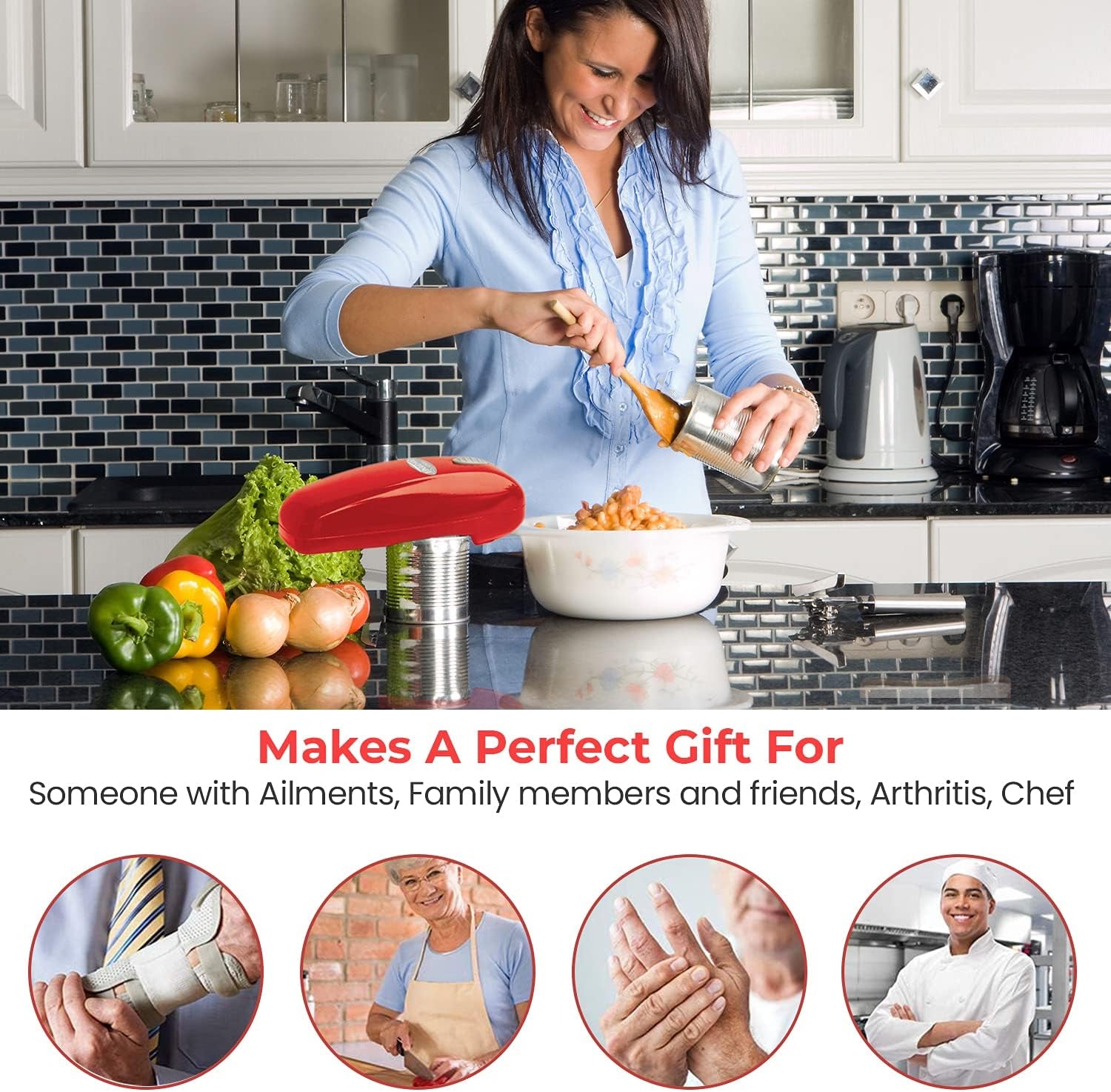 Electric Can Opener - No Sharp Edge Handheld Can Opener - Battery Operated Can Opener - Easy One-Touch Operation Can Opener - Automatic, Food Safe, Hands Free, Smooth Edge (Red)