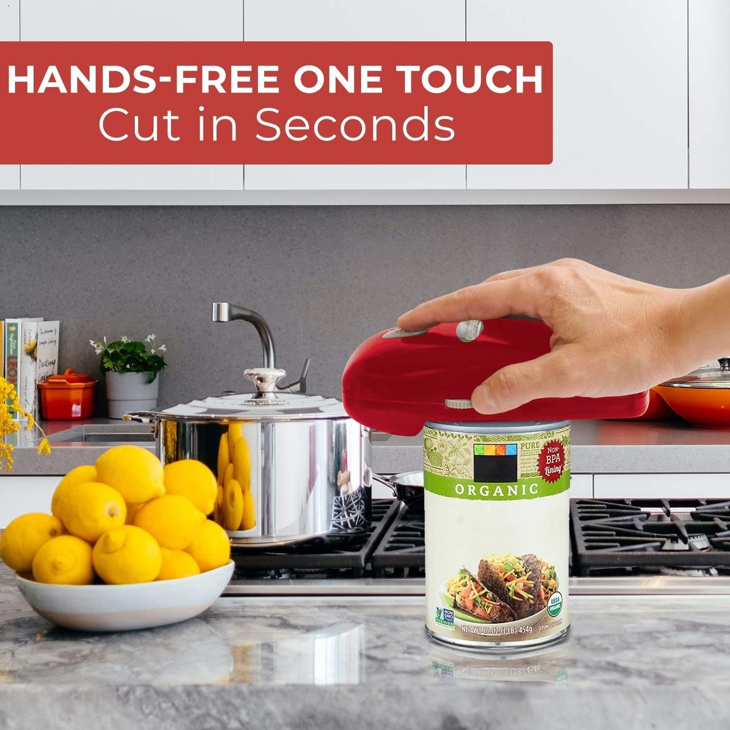 Electric Can Opener - No Sharp Edge Handheld Can Opener - Battery Operated Can Opener - Easy One-Touch Operation Can Opener - Automatic, Food Safe, Hands Free, Smooth Edge (Red)