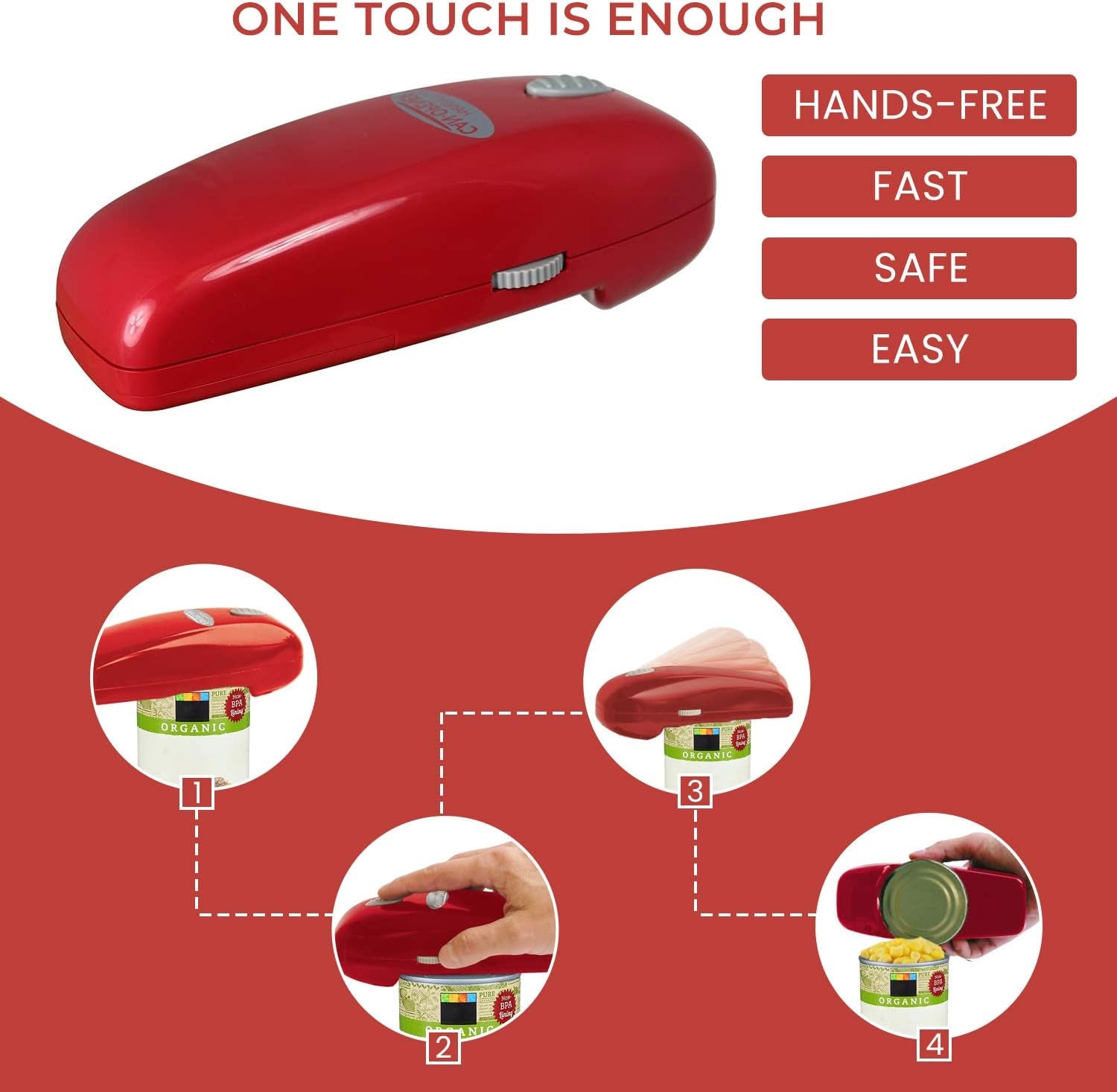Electric Can Opener - No Sharp Edge Handheld Can Opener - Battery Operated Can Opener - Easy One-Touch Operation Can Opener - Automatic, Food Safe, Hands Free, Smooth Edge (Red)