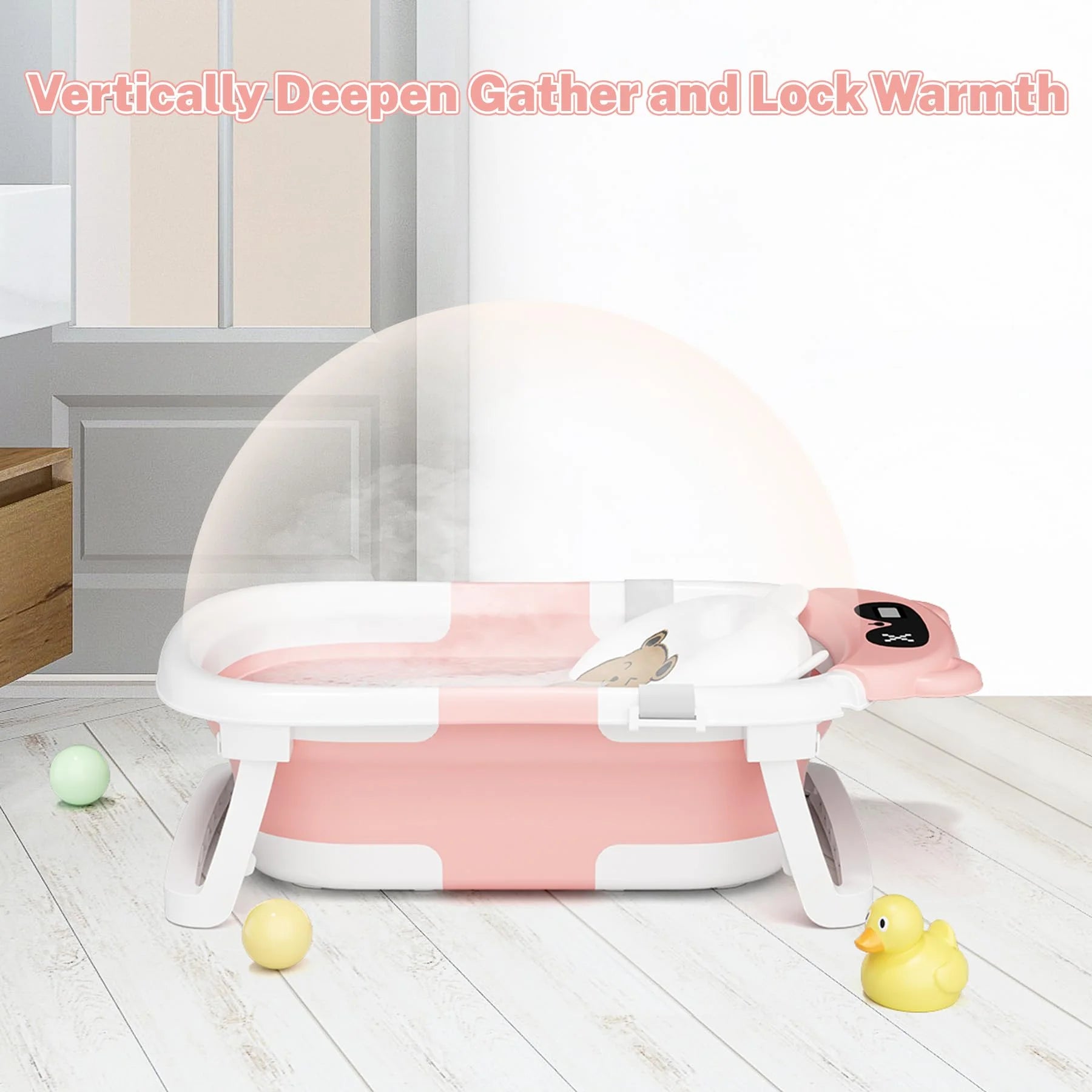 Collapsible Baby Bathtub with Thermometer, Newborn Shower Tub with Baby Tub Cushion & Bath Cap, Portable Baby Folding Bathtub for 0-36 Month Newborn, Pink