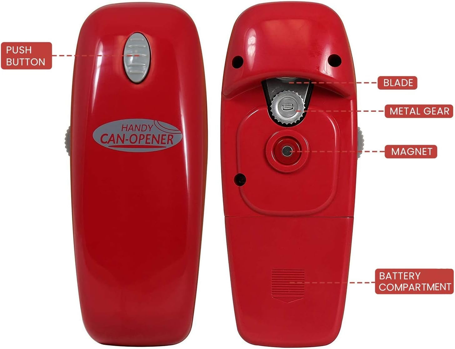 Electric Can Opener - No Sharp Edge Handheld Can Opener - Battery Operated Can Opener - Easy One-Touch Operation Can Opener - Automatic, Food Safe, Hands Free, Smooth Edge (Red)