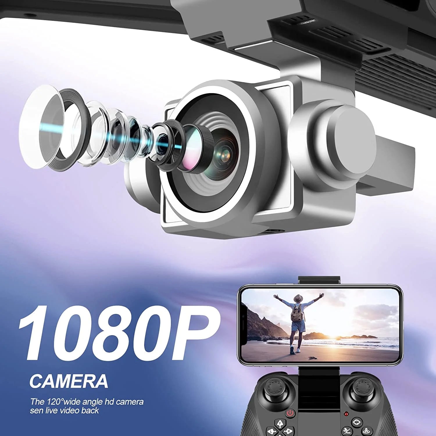 V14 Drone with 1080P HD Camera Live Video 120°Wide-Angle Wifi Altitude Hold, 3D Flip 2 Batteries Black