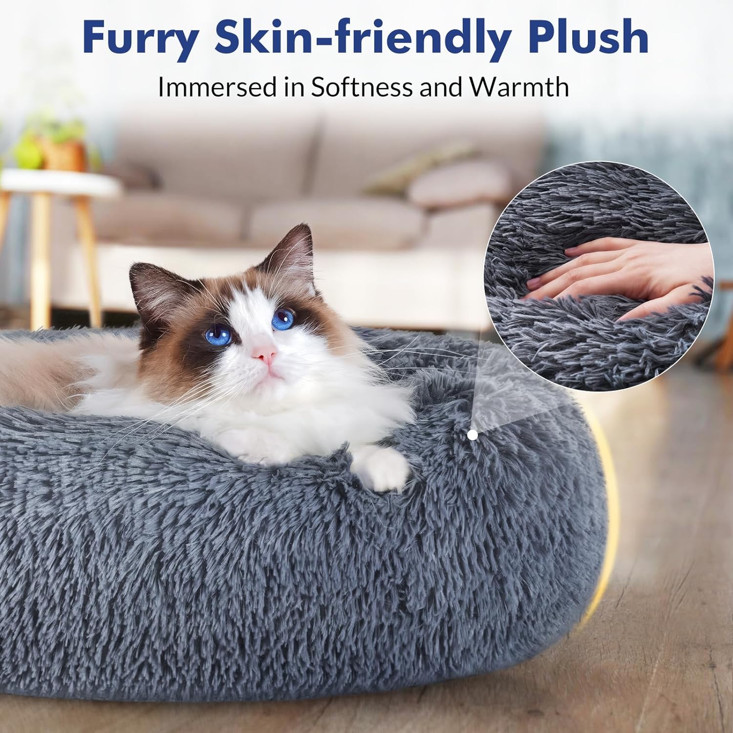 rabbitgoo Cat Beds for Indoor Cats, 20 inches Cat Bed Machine Washable, Fluffy Round Pet Bed Non-Slip, Calming Soft Plush Donut Cuddler Cushion Self Warming...