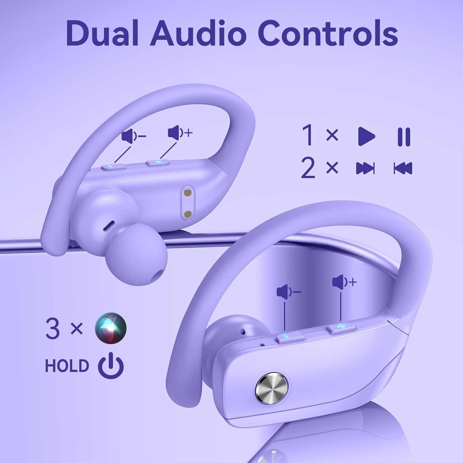 Wireless Earbuds Bluetooth Headphones 48Hrs Play Back Sport Earphones with LED Display Over-Ear Buds with Earhooks Built-In Mic Headset for Workout Purple