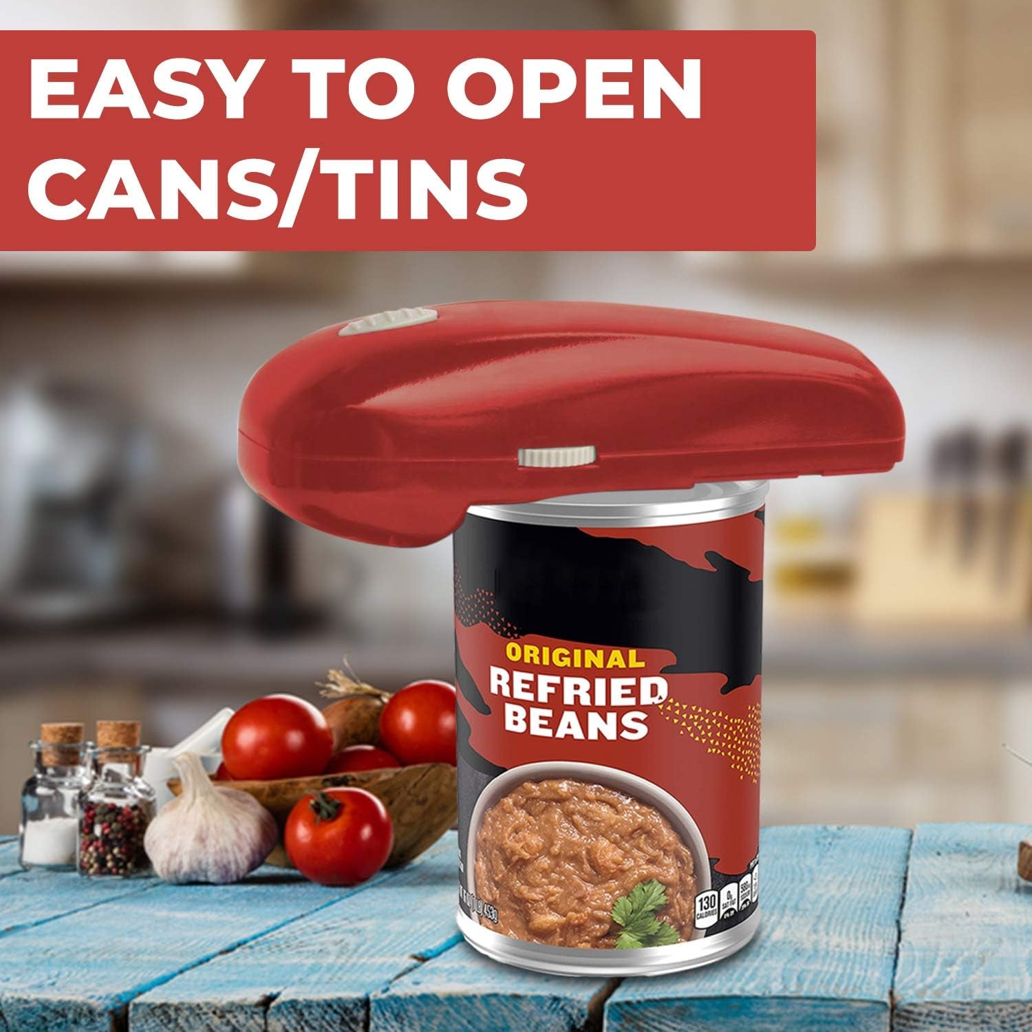 Electric Can Opener - No Sharp Edge Handheld Can Opener - Battery Operated Can Opener - Easy One-Touch Operation Can Opener - Automatic, Food Safe, Hands Free, Smooth Edge (Red)