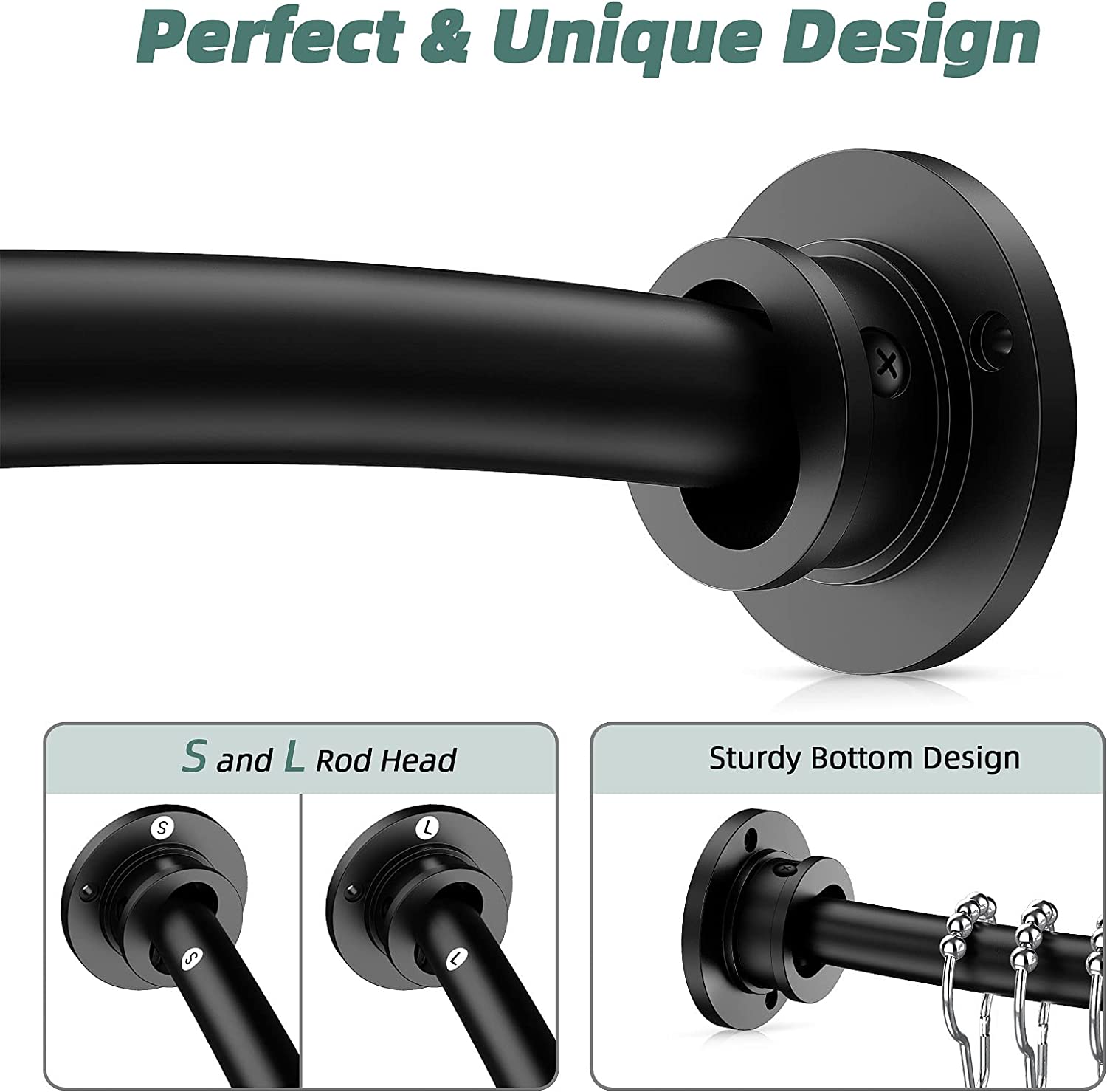 BRIOFOX Industrial Curved Shower Curtain Rod 42-72 Inches, Stainless Steel Adjustable Round Shower Rod for Bathroom, Telescoping Design, Need To Drill (Matte Black)