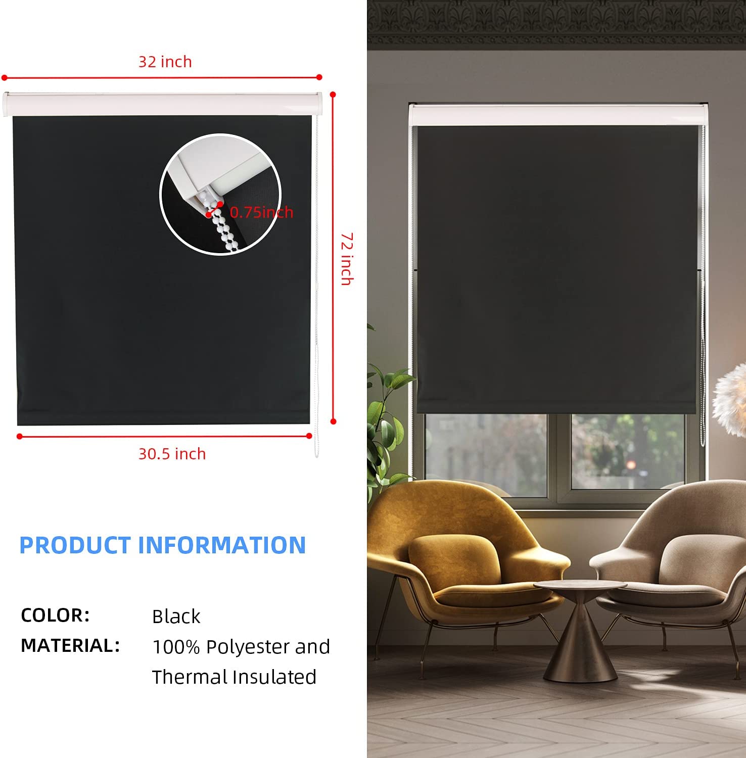 JDALL Roller Blinds for Windows Blackout Waterproof Fabric Thermal Insulated, UV Protection ,Window Shades Perfect for Living Room, Office, Bedrooms and More, Easy to Install (32" W x 72" L, Black)