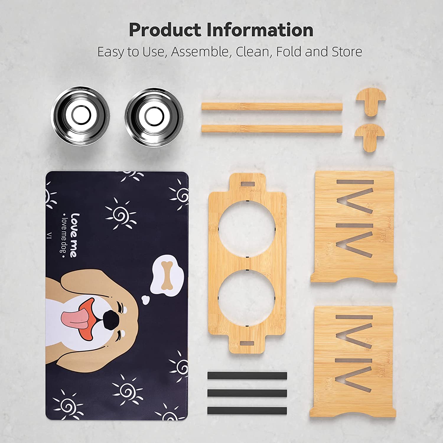 Upgraded Elevated Dog Bowls for Large Dogs - Romantic Bear Adjustable Bamboo Stand Dog Bowls for Large Dogs with 2 Stainless Steel Raised Dog Bowl Adjusts to 6 Height for Indoor Dogs and Cats