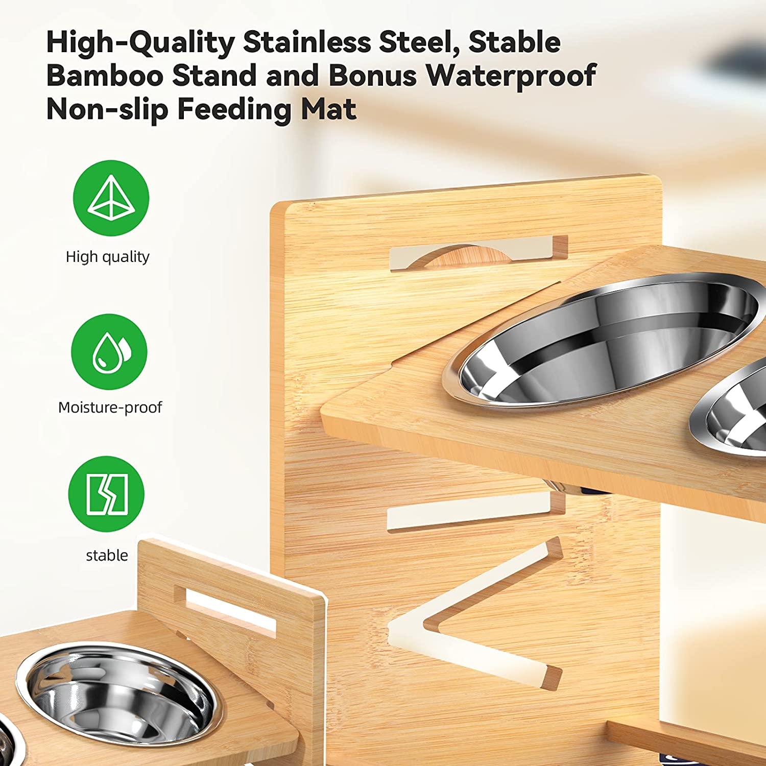 Upgraded Elevated Dog Bowls for Large Dogs - Romantic Bear Adjustable Bamboo Stand Dog Bowls for Large Dogs with 2 Stainless Steel Raised Dog Bowl Adjusts to 6 Height for Indoor Dogs and Cats