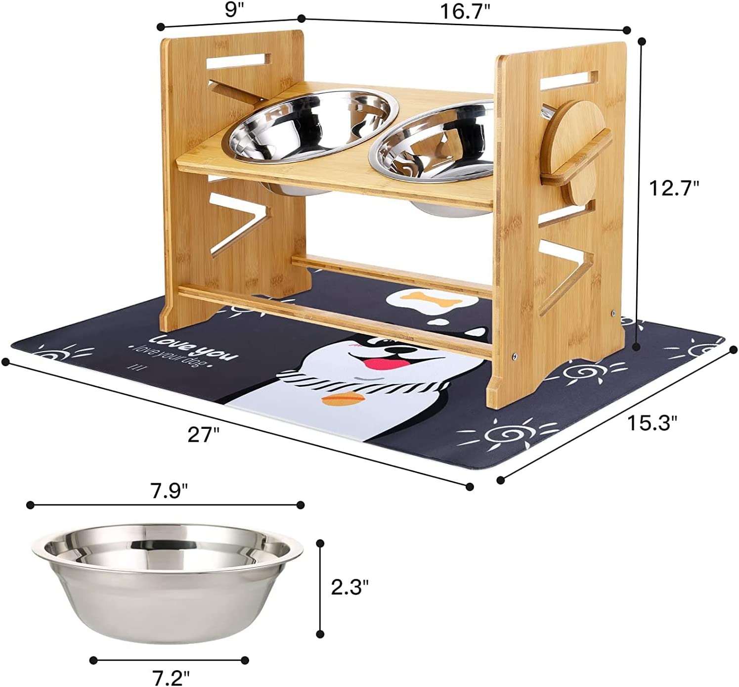 Upgraded Elevated Dog Bowls for Large Dogs - Romantic Bear Adjustable Bamboo Stand Dog Bowls for Large Dogs with 2 Stainless Steel Raised Dog Bowl Adjusts to 6 Height for Indoor Dogs and Cats