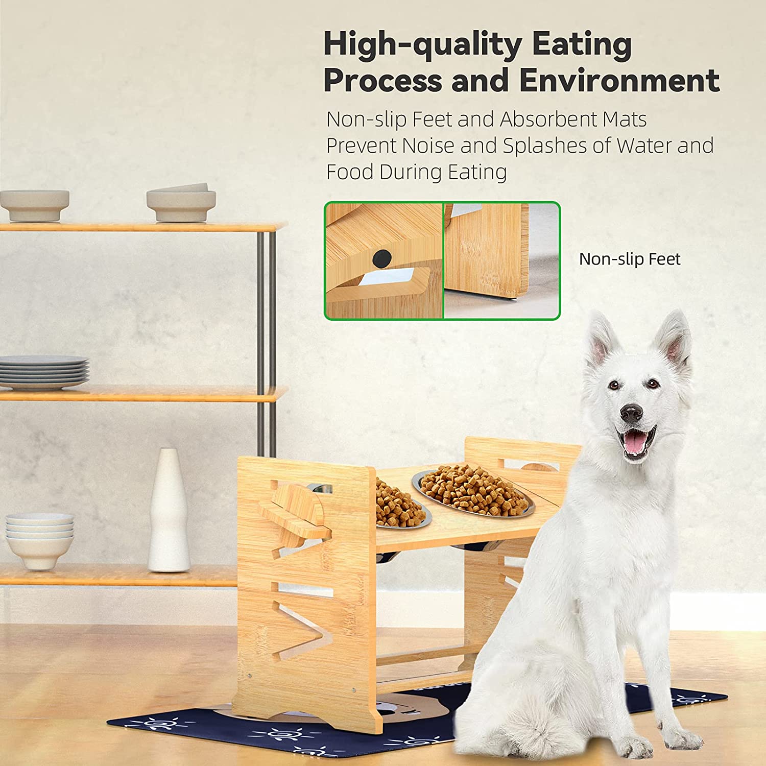 Upgraded Elevated Dog Bowls for Large Dogs - Romantic Bear Adjustable Bamboo Stand Dog Bowls for Large Dogs with 2 Stainless Steel Raised Dog Bowl Adjusts to 6 Height for Indoor Dogs and Cats