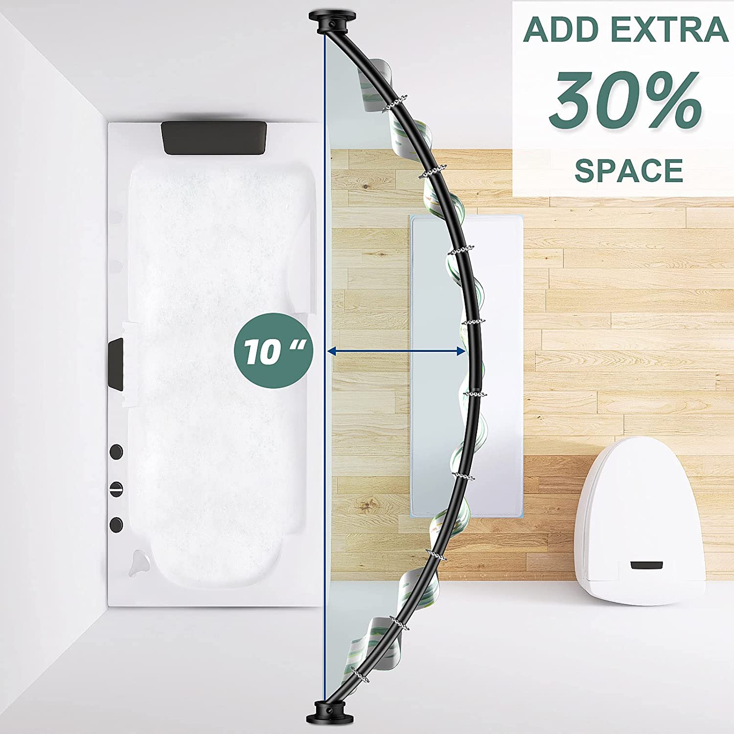 BRIOFOX Industrial Curved Shower Curtain Rod 42-72 Inches, Stainless Steel Adjustable Round Shower Rod for Bathroom, Telescoping Design, Need To Drill (Matte Black)