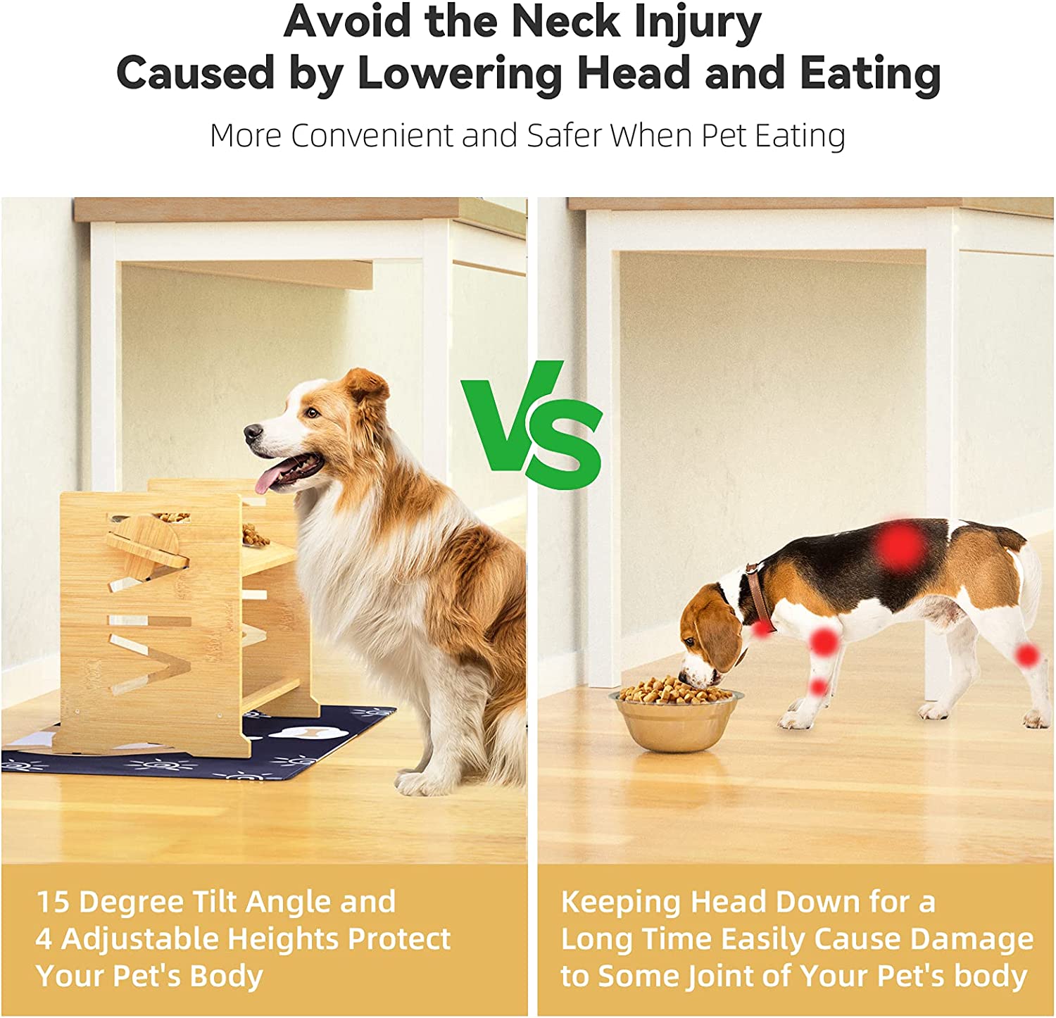 Upgraded Elevated Dog Bowls for Large Dogs - Romantic Bear Adjustable Bamboo Stand Dog Bowls for Large Dogs with 2 Stainless Steel Raised Dog Bowl Adjusts to 6 Height for Indoor Dogs and Cats