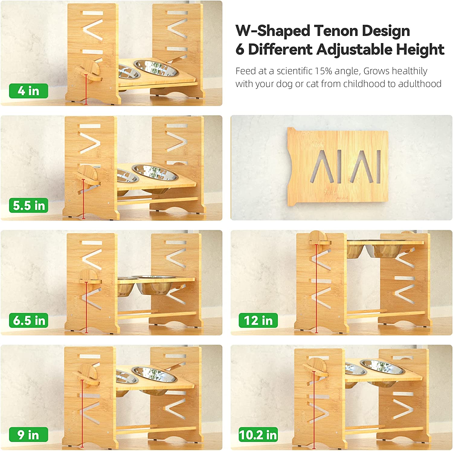 Upgraded Elevated Dog Bowls for Large Dogs - Romantic Bear Adjustable Bamboo Stand Dog Bowls for Large Dogs with 2 Stainless Steel Raised Dog Bowl Adjusts to 6 Height for Indoor Dogs and Cats