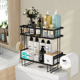 2-Tier over the Toilet Storage Rack,Metal Bathroom Shelf with Hanging Hook and Toilet Paper Holder Black