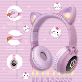 Kids Cat Ear Headphones, Kids Bluetooth Headphones, LED Lights Up, Safe Volume Limit, Micro SD/TF, Bluetooth 5.3, Kids Headphones Wireless for Ipad, Travel,Tablet (Pink)