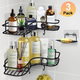 Corner Shower Caddy, 3-Pack Adhesive Shower Shelf with Soap Dish and Hook, Stainless Steel Wall Mount Bathroom Shower Organizer (Black)