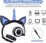 Unicorn Kids Headphones for Girls Boys with LED Light, Safe Volume Limited Stereo Cat Ear Children Wired Headphones Foldable with Adjustable Headband and 3.5Mm Jack for School Travel Blue