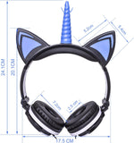 Unicorn Kids Headphones for Girls Boys with LED Light, Safe Volume Limited Stereo Cat Ear Children Wired Headphones Foldable with Adjustable Headband and 3.5Mm Jack for School Travel Blue