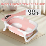 Collapsible Baby Bathtub with Thermometer, Newborn Shower Tub with Baby Tub Cushion & Bath Cap, Portable Baby Folding Bathtub for 0-36 Month Newborn, Pink