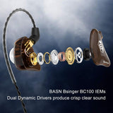 In-Ear Monitor Headphones Dual Dynamic Drivers in Ear Earphones Detachable MMCX Cable Musicians In-Ear Earbuds Headphones (BC100 Brown, with No Mic)