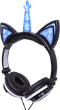 Unicorn Kids Headphones for Girls Boys with LED Light, Safe Volume Limited Stereo Cat Ear Children Wired Headphones Foldable with Adjustable Headband and 3.5Mm Jack for School Travel Blue