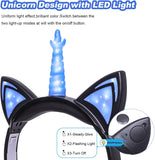 Unicorn Kids Headphones for Girls Boys with LED Light, Safe Volume Limited Stereo Cat Ear Children Wired Headphones Foldable with Adjustable Headband and 3.5Mm Jack for School Travel Blue