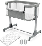 Baby Bassinet Bedside Crib for Baby Sleeper, Portable Mesh Bassinet with Wheels & Comfy Mattress, Height Adjustable Baby Bed for Infants & Newborn Baby Boy & Girl (Light Grey)