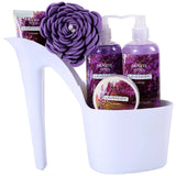 Heel Shoe Spa Gift Set – Lavender Scented Bath Essentials Gift Basket with Shower Gel, Bubble Bath, Body Butter, Body Lotion and Soft EVA Bath Puff – Luxurious Home Relaxation Gifts for Women