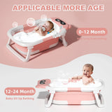 Collapsible Baby Bathtub with Thermometer, Newborn Shower Tub with Baby Tub Cushion & Bath Cap, Portable Baby Folding Bathtub for 0-36 Month Newborn, Pink