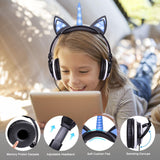 Unicorn Kids Headphones for Girls Boys with LED Light, Safe Volume Limited Stereo Cat Ear Children Wired Headphones Foldable with Adjustable Headband and 3.5Mm Jack for School Travel Blue