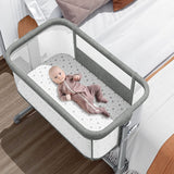 Baby Bassinet Bedside Crib for Baby Sleeper, Portable Mesh Bassinet with Wheels & Comfy Mattress, Height Adjustable Baby Bed for Infants & Newborn Baby Boy & Girl (Light Grey)