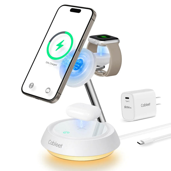Cableet 3 in 1 Wireless Charging Station with 20W PD Adapter 15W Magnetic Wireless Charger Stand Fast Charging with Light for iPhone 15 14 13 12 AirPods & iWatch Series Night Stand Charger Station