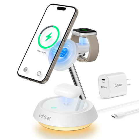 Cableet 3 in 1 Wireless Charging Station with 20W PD Adapter 15W Magnetic Wireless Charger Stand Fast Charging with Light for iPhone 15 14 13 12 AirPods & iWatch Series Night Stand Charger Station