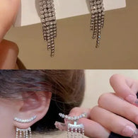 Sterling Silver Needle Sparkling Long Fringed Zircon Earrings