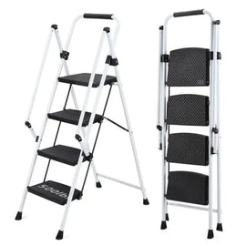 White Four-step Ladder, Light Folding Four-step Stool, Wide Anti-skid Pedal And Safety Handle, Strong Steel Ladder, Multi-purpose Ladder, Applicable To Family, Kitchen, Office Elevator
