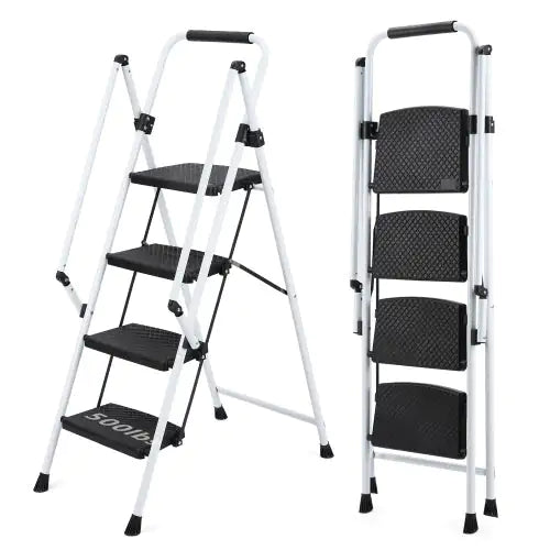 White Four-step Ladder, Light Folding Four-step Stool, Wide Anti-skid Pedal And Safety Handle, Strong Steel Ladder, Multi-purpose Ladder, Applicable To Family, Kitchen, Office Elevator
