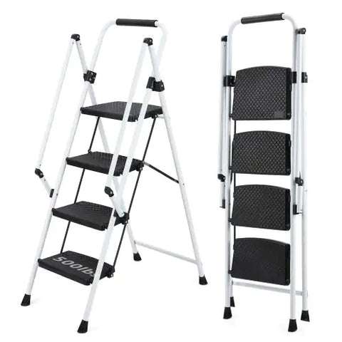 White Four-step Ladder, Light Folding Four-step Stool, Wide Anti-skid Pedal And Safety Handle, Strong Steel Ladder, Multi-purpose Ladder, Applicable To Family, Kitchen, Office Elevator