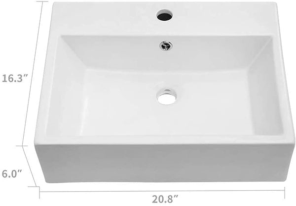 Floating Bathroom Sink Wall Mounted - Lordear 21"x16" Bathroom Vessel Sink Floating Wall Hung Sink Rectangle White Porcelain Ceramic Vessel Vanity Sink Art Basin with Faucet Hole and Overflow