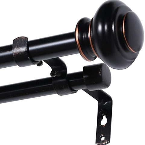 Elegant Window Treatment Telescoping Double Curtain Rod Set with Classic Cap, 3/4-Inch Diameter, Adjusts from 48 to 84 Inches, Black with Antique Bronze Finish