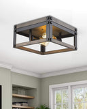 Osimir 2-Light Square Flush Mount Ceiling Light, 12 inch Farmhouse Ceiling Light Fixture, Black & Wood Grain Texture Finish, RE9180-2A