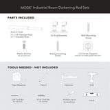 MODE Industrial Room Darkening Collection 1 1/8" Diameter Industrial Curtain Rod Set with Steel Wall Mounted Adjustable Curtain Rod, Blocks Light, Fits 36” to 72” Windows, Warm Gold