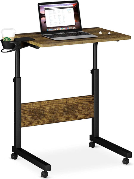 Klvied Mobile Standing Desk, Rolling Desk with Cup Holder, Portable Laptop CouchTable, Small Computer Desk, Bedside Table, Mobile Laptop Stand, Work Desk for Home Office, Walnut
