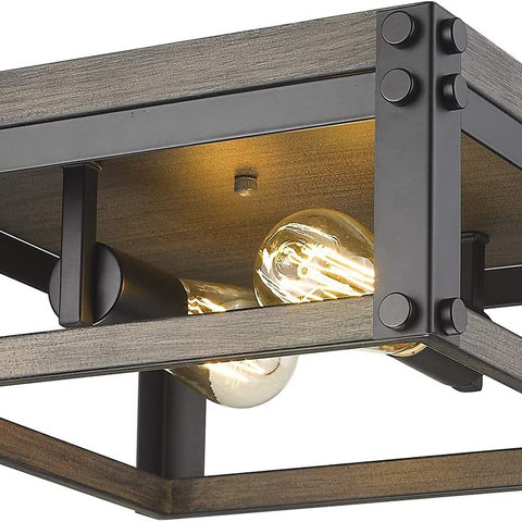 Osimir 2-Light Square Flush Mount Ceiling Light, 12 inch Farmhouse Ceiling Light Fixture, Black & Wood Grain Texture Finish, RE9180-2A