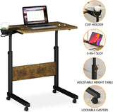 Klvied Mobile Standing Desk, Rolling Desk with Cup Holder, Portable Laptop CouchTable, Small Computer Desk, Bedside Table, Mobile Laptop Stand, Work Desk for Home Office, Walnut