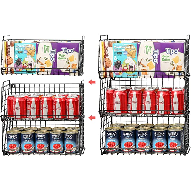 X-cosrack Stackable Pantry Baskets Household Food Storage Organizer with Handles 3 Pack, Foldable Snack Rack Stand with Open Front Stacking Farmhouse Bins for Countertop Cabinets Kitchen