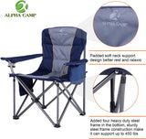 ALPHA CAMP Oversized Camping Folding Chair Heavy Duty Lawn Chair with Cooler Bag Support 450 LBS Steel Frame Collapsible Padded Arm Chair Quad Lumbar Back Chair Portable for Outdoor,Blue