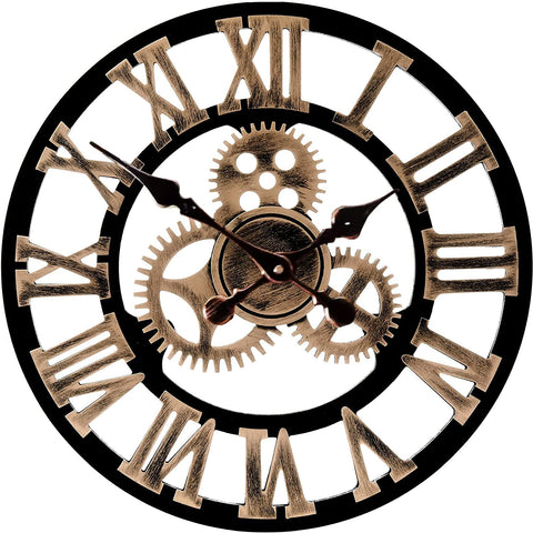 Puhai 18 Inch Classic Vintage Bronze Wall Clock Wooden Living Room Decor Wall Clock Silent Not Tick Large Industrial School Office 3D Retro Gear Roman Numerals European Decor Living Room